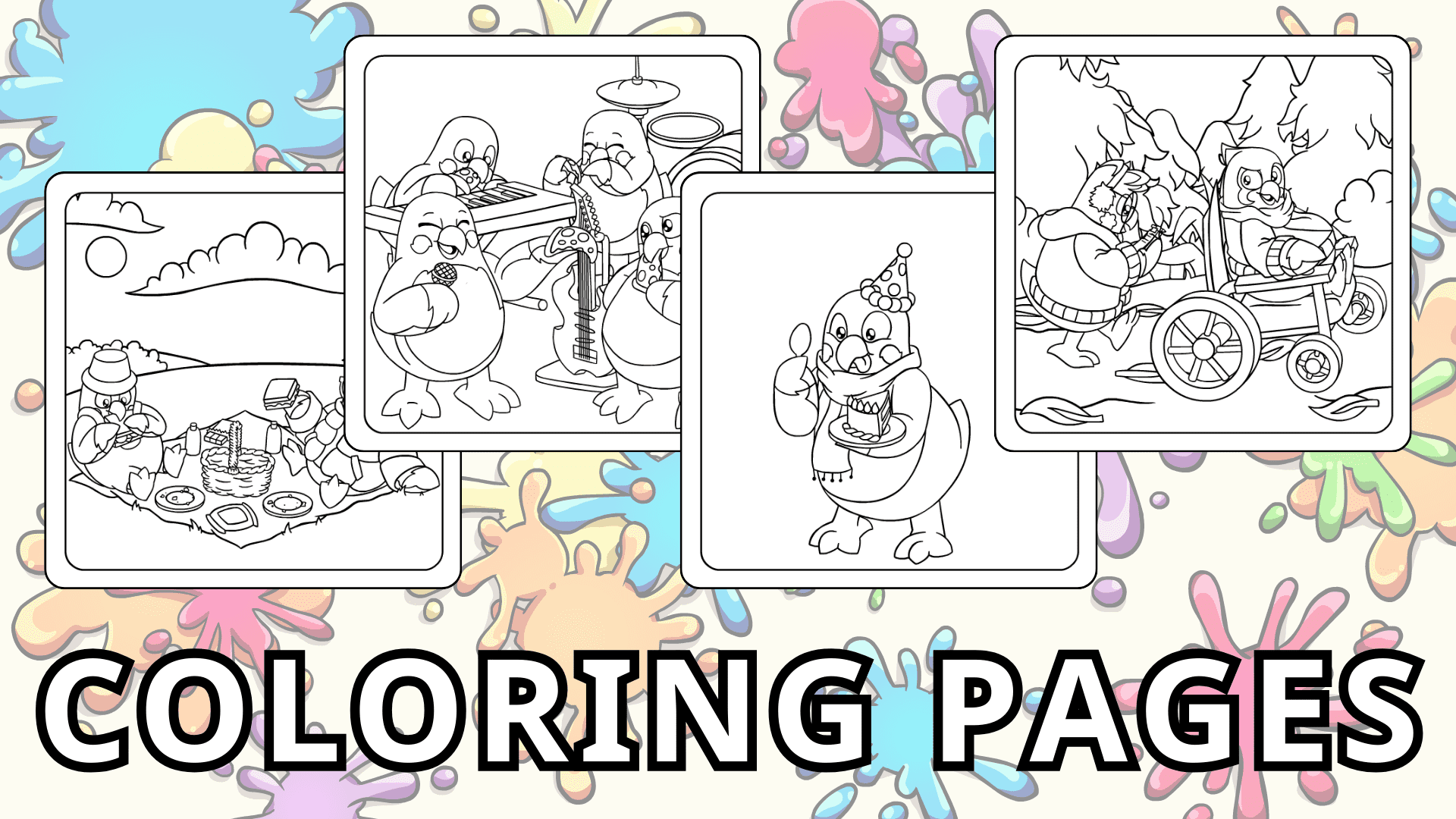 A group of four coloring pages for kids to print out with the text "Coloring Pages" against a colorful paint splatter background.