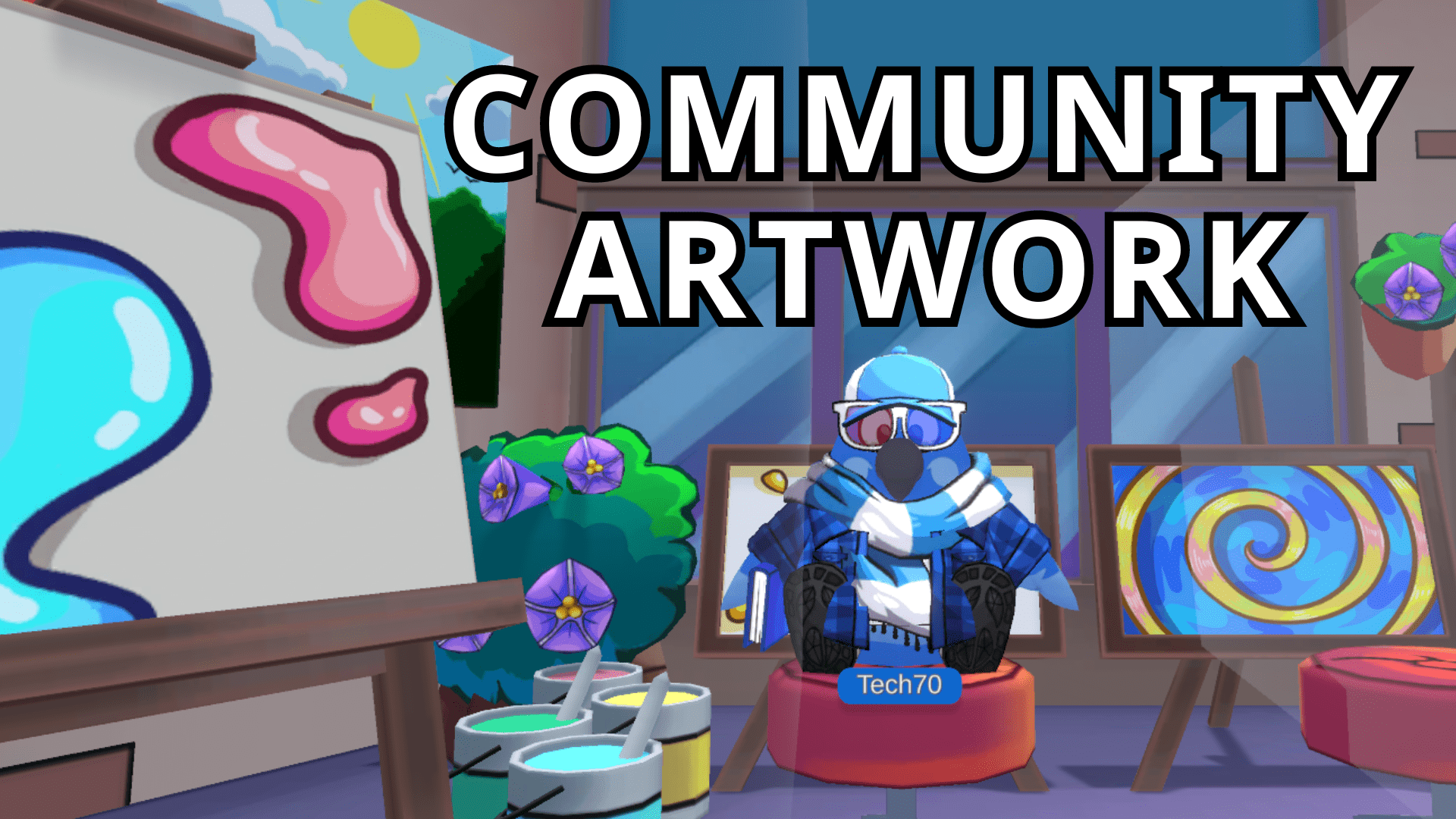 Tech70 in a plaid flannel blue shirt and scarf is sitting in front of a few colorful paintings in the Party Parrot World Art Studio. Text says "Community Artwork". This introduces our community artwork gallery post!