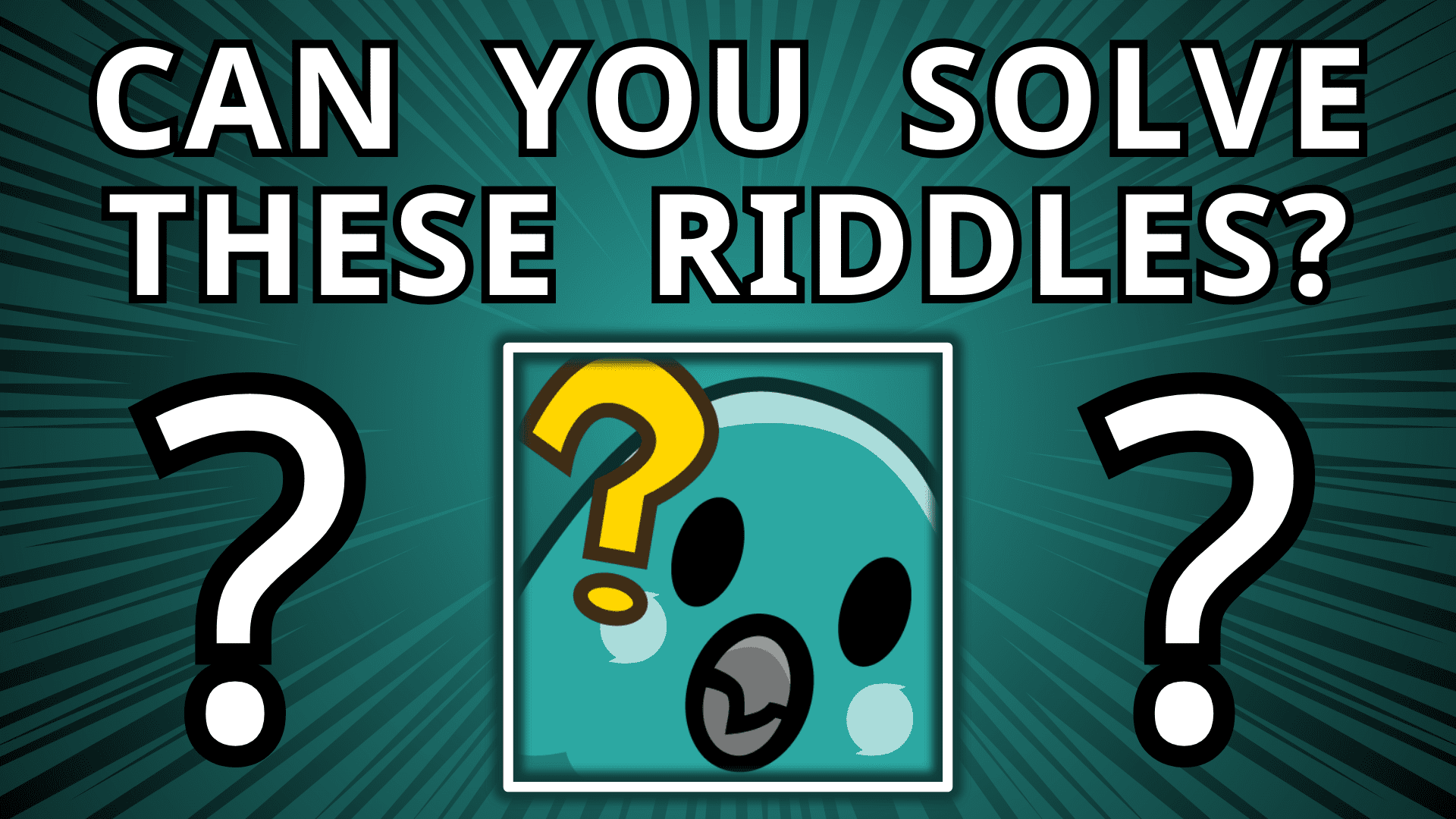 A teal confused parrot emote with three question marks. The text "Can you solve these riddles?" against a striking teal comic book background. This introduces our good riddles with answers for kids.