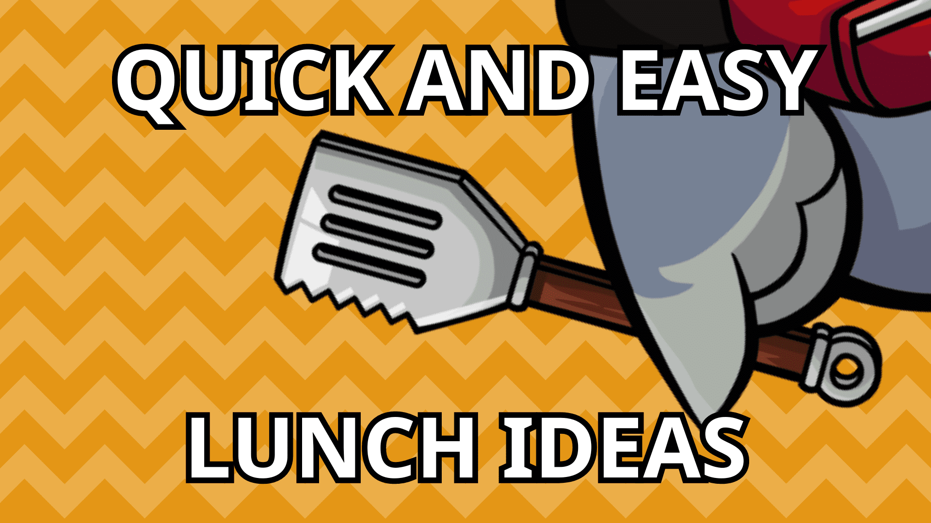 A grey parrot holds a steel spatula in its wing in front of an orange zigzag background. This depicts our quick and easy lunch ideas for kids.