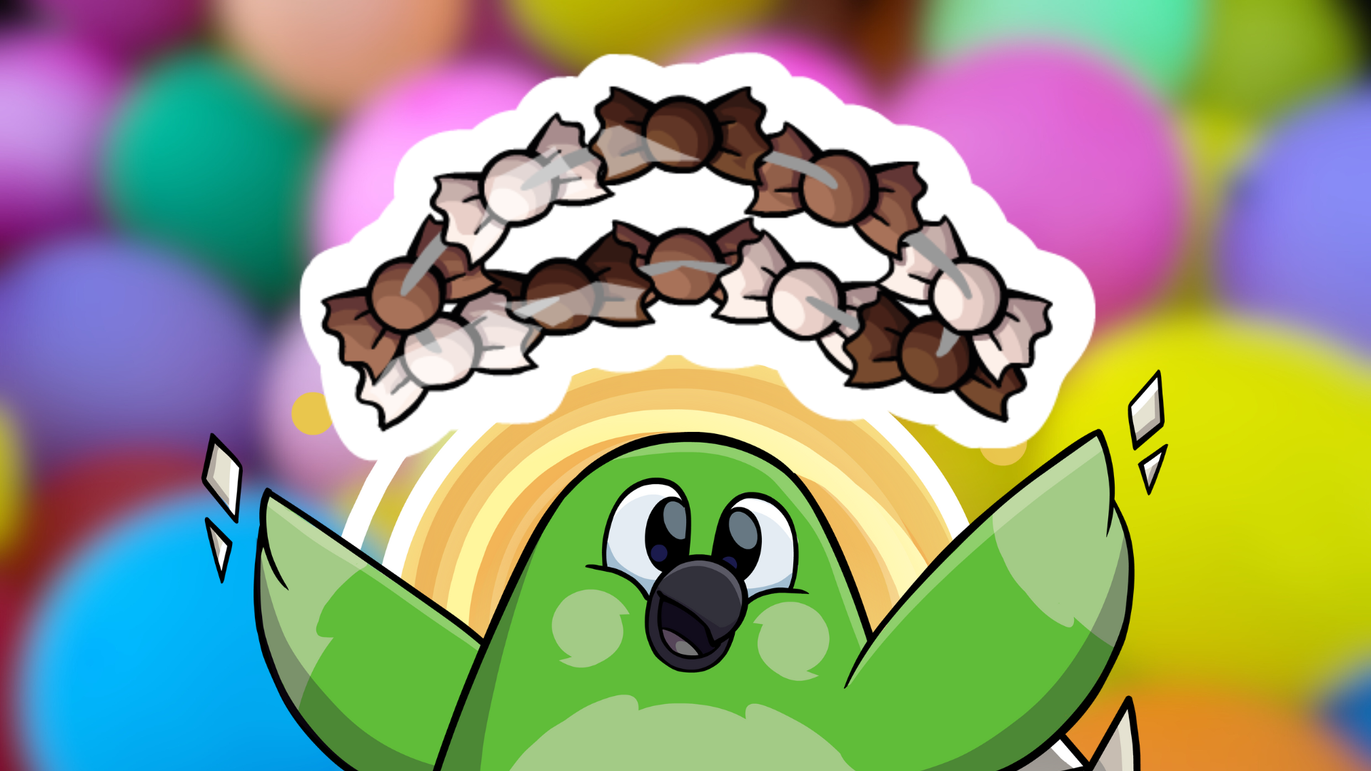 A green parrot with wide open arms looking above at rows of brown chocolate candy. The background is an assortment of colorful balloons. This introduces our outdoor birthday party games for kids.