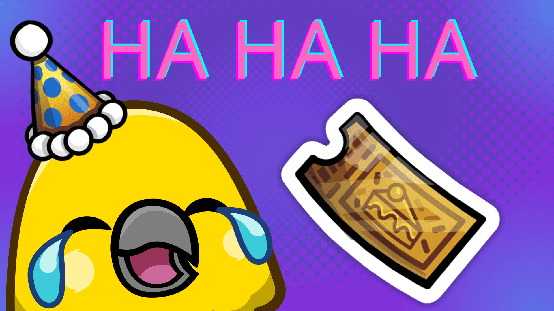 A yellow parrot emote laughing and crying. It wears a sunset party hat. Text says "HA HA HA" with a golden cake slice ticket. It prepares you for really funny birthday jokes for kids!