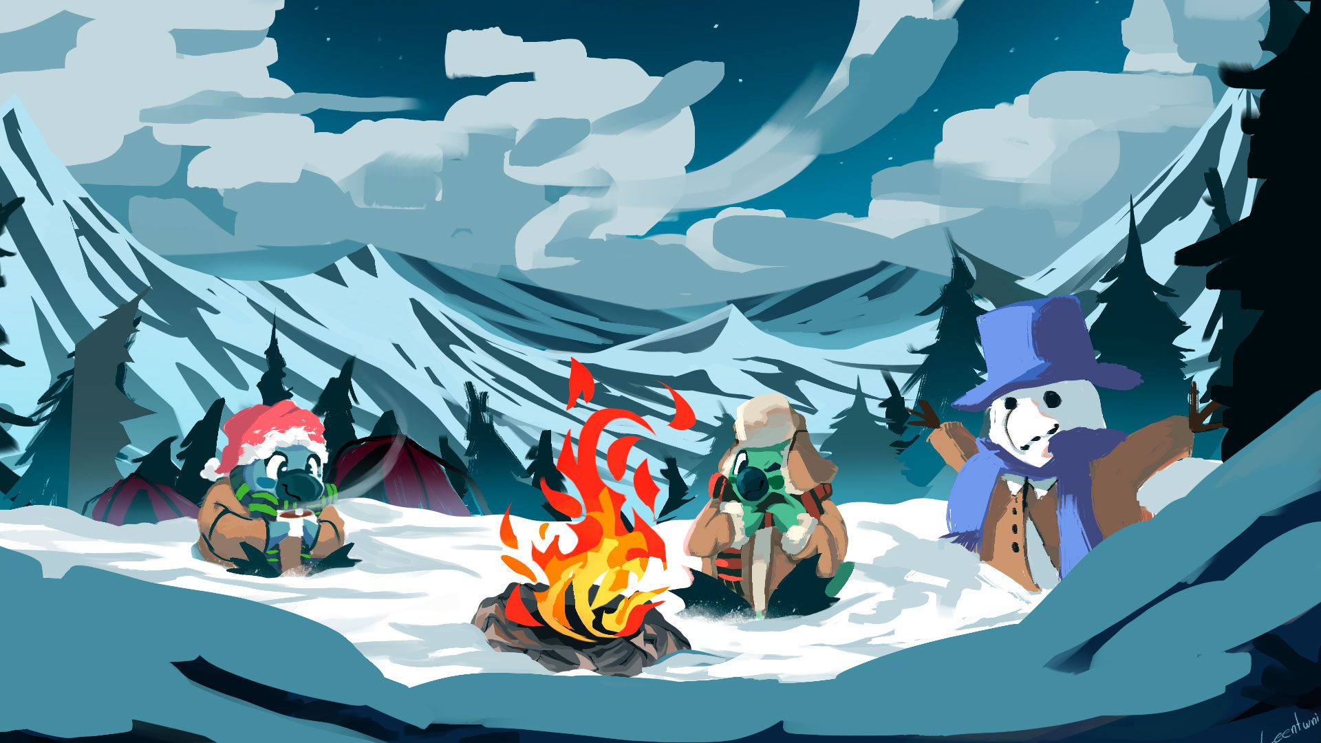 Two parrots in winter coats sit around a campfire in a snowy land with tall mountains circling around them. Mountain campfire artwork by Leentwni.