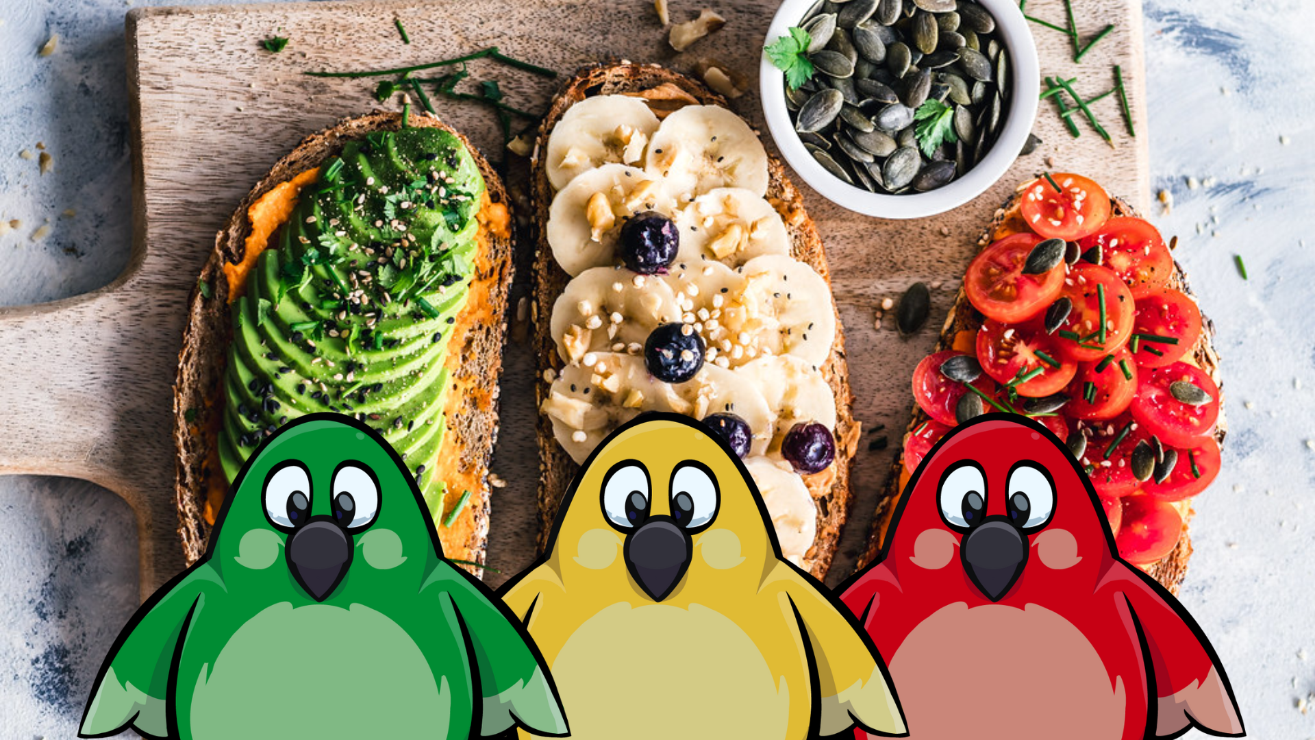 A green, yellow, and red parrot in front of toast with colorful fruit like bananas and cherry tomatoes. This is one of our healthy lunch ideas for kids at home.