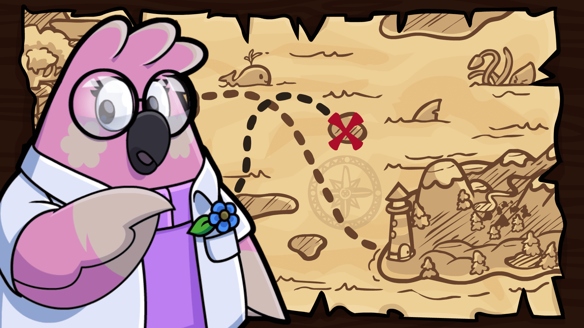 Pia the pink parrot botanist has a blue flower in her lab coat pocket. She is standing in front of an ancient treasure map with a line going to a red X. This begins the outdoor scavenger hunt riddles for kids!