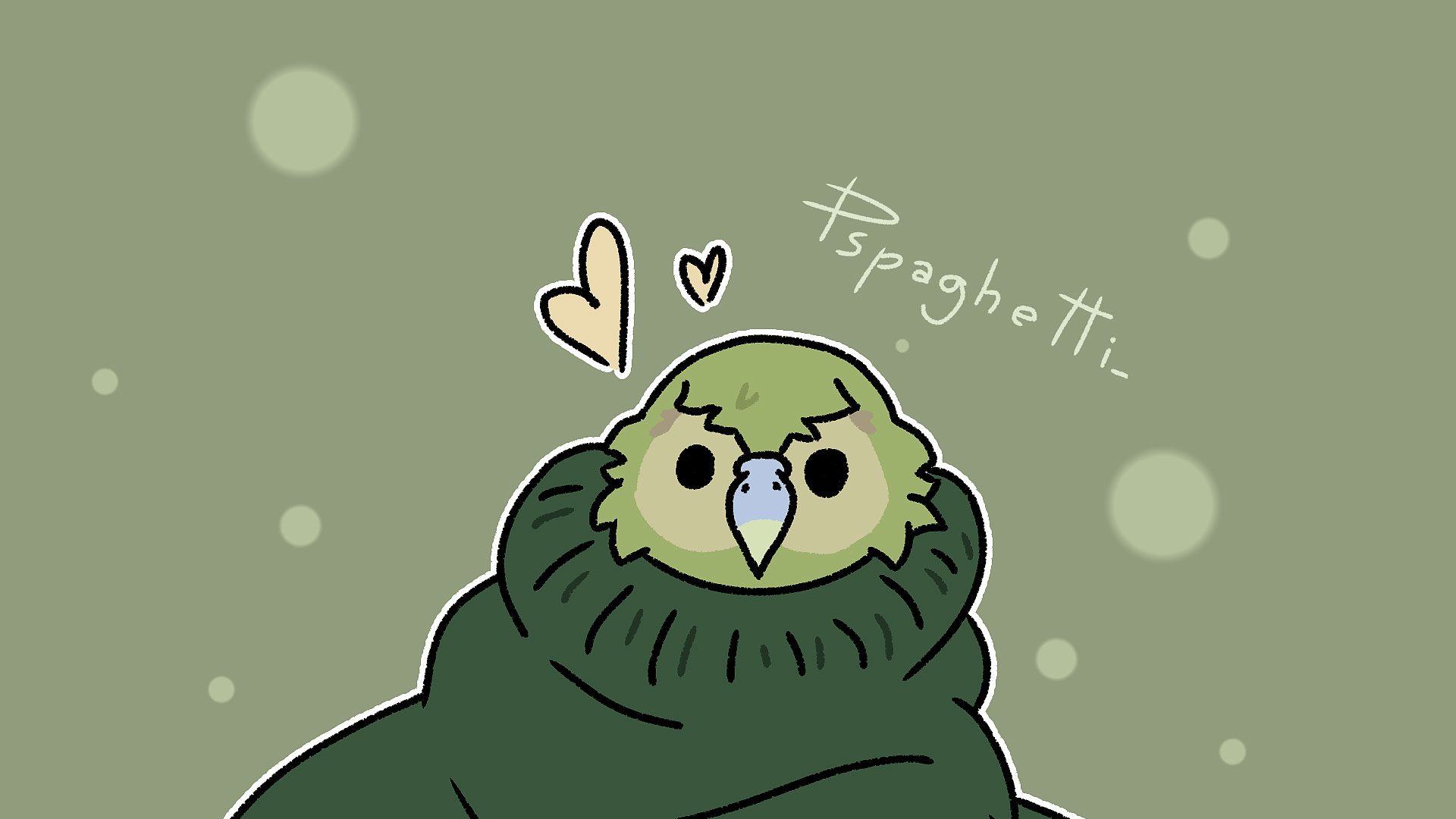 A green Kākāpō parrot buried in a green sweater. It's a parrot sweater artwork by Spaghetti Eyes.