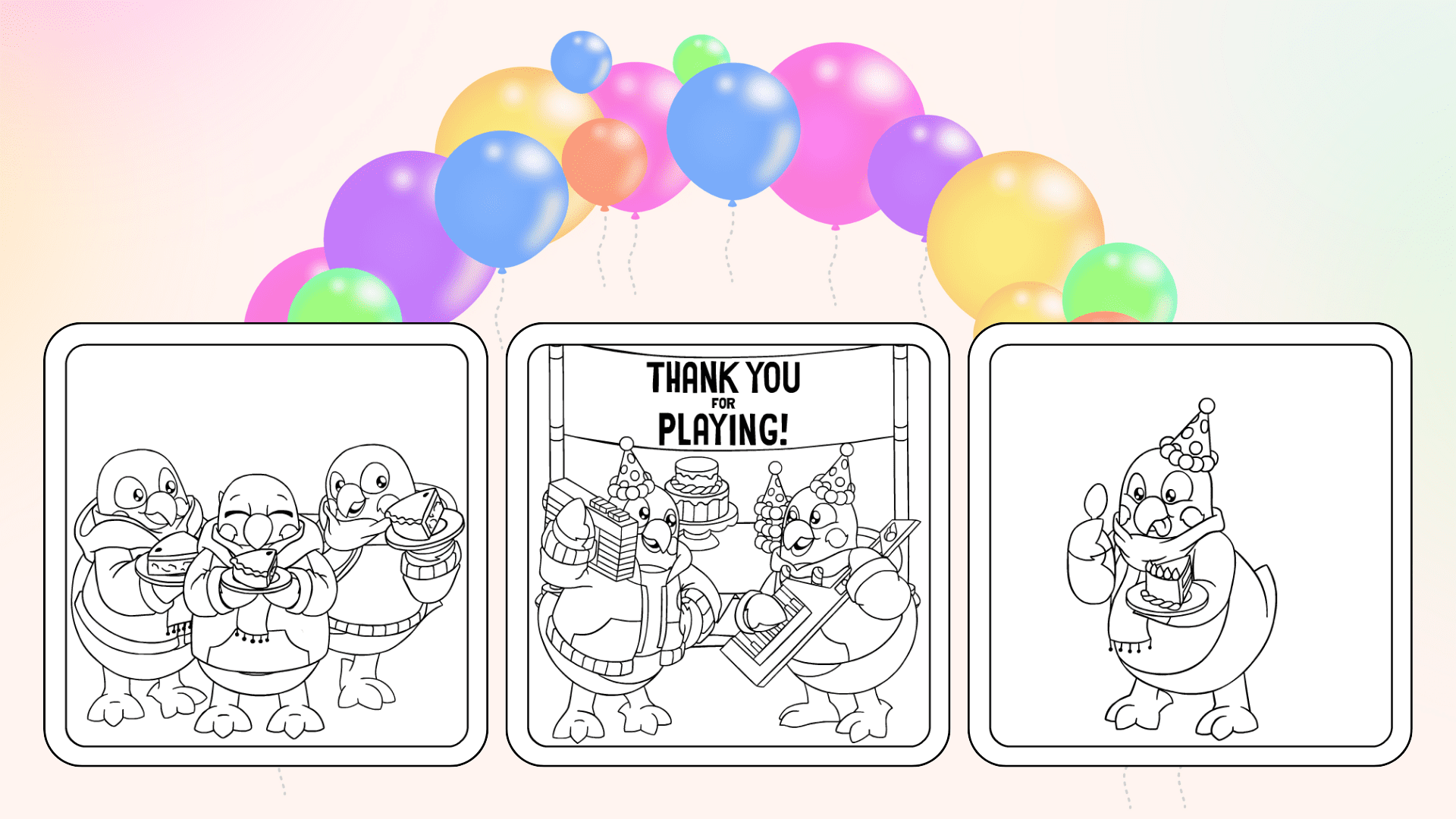A layout of three anniversary coloring pages for kids. The background shows pastel-colored balloons in blue, pink, purple, and green.