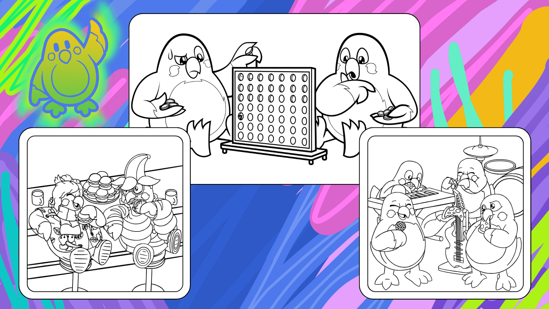 A layout of three cool coloring pages for older kids. The background shows 1990s retro neon colored squiggly lines in green, blue, yellow, pink, and purple.