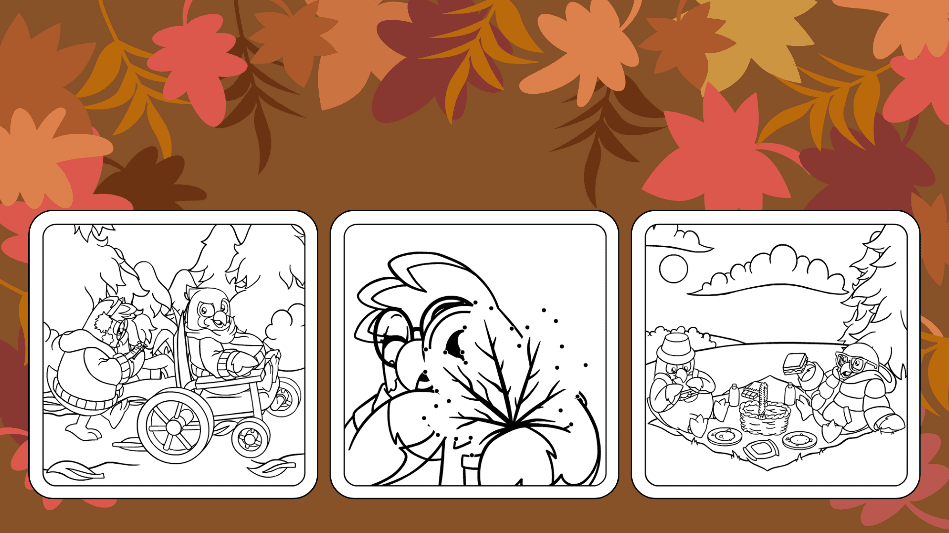 A layout of three happy fall coloring pages for kids. The brown background shows fall leaves in red, yellow, and brown.