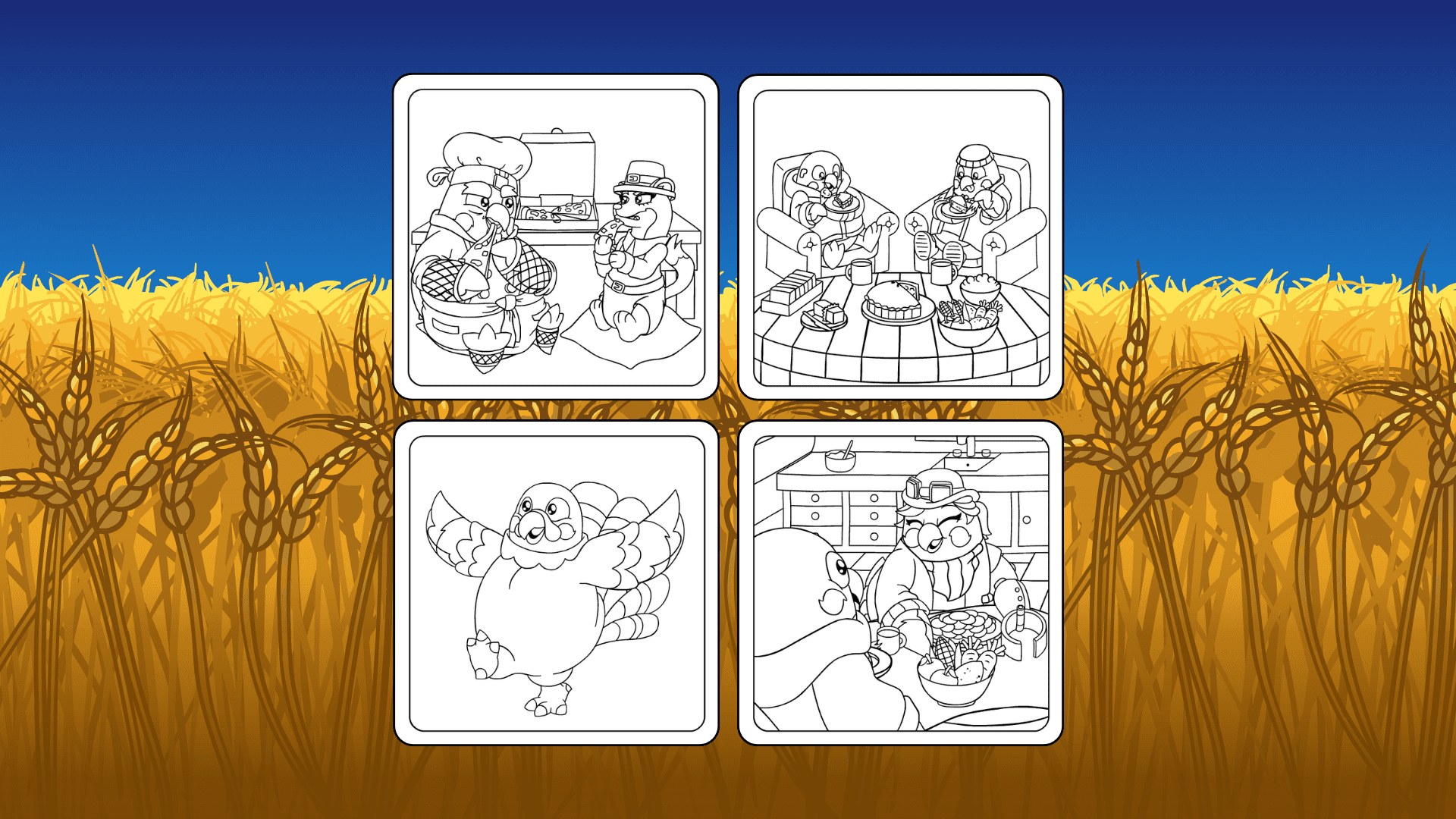 A yellow wheat field under a blue sky. A grid of four thankful coloring pages for kids