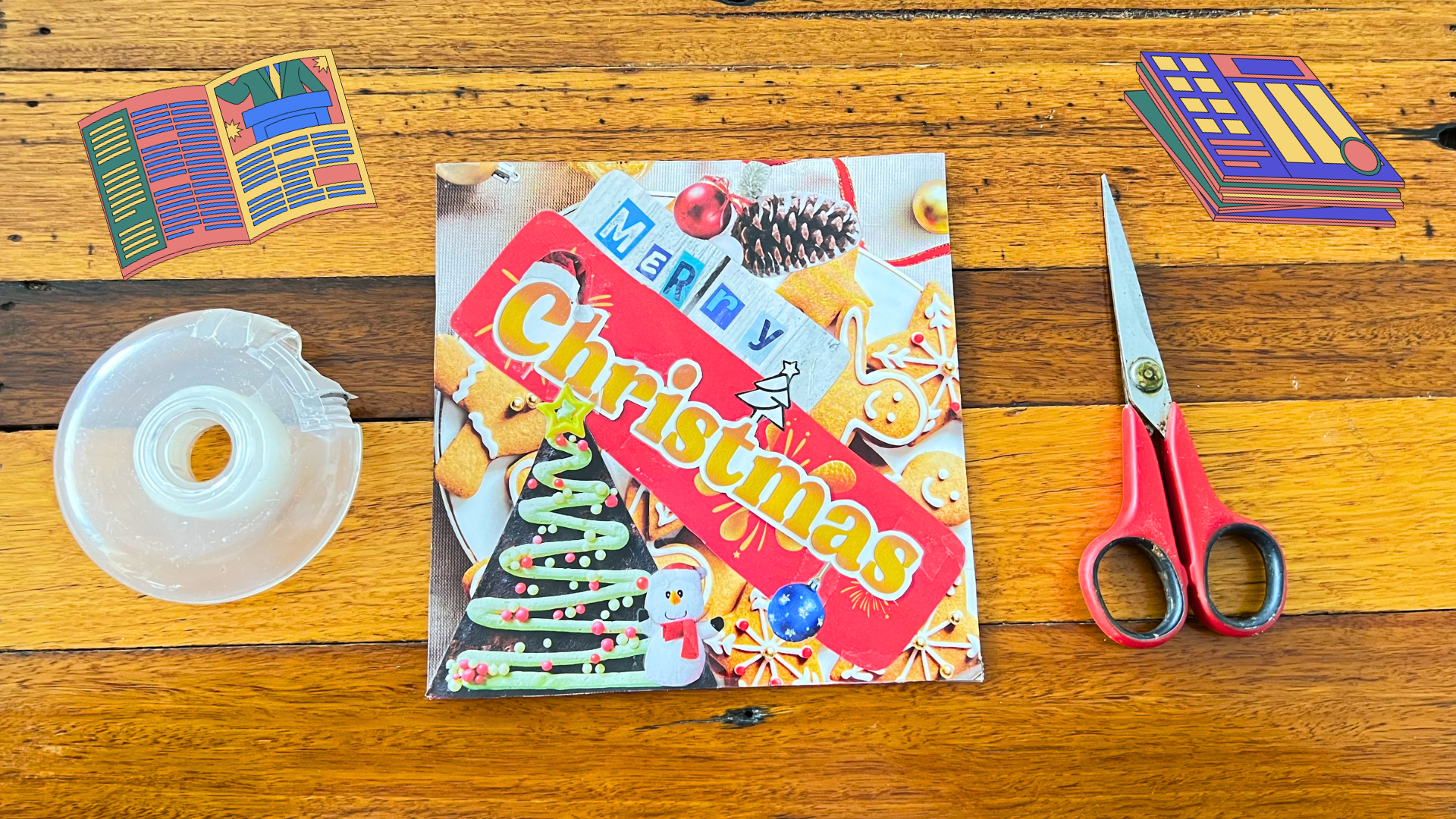 A holiday Christmas card collage craft saying "Merry Christmas" with tape, scissors, and graphics of magazines against a wooden table. This is one idea for crafts for kids using old magazines.