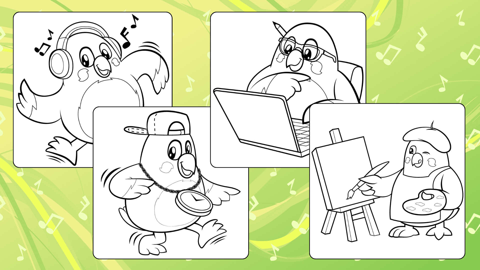 A layout of four easy inspirational coloring pages for kids to print out. The background shows wavy lime green lines and musical notes.