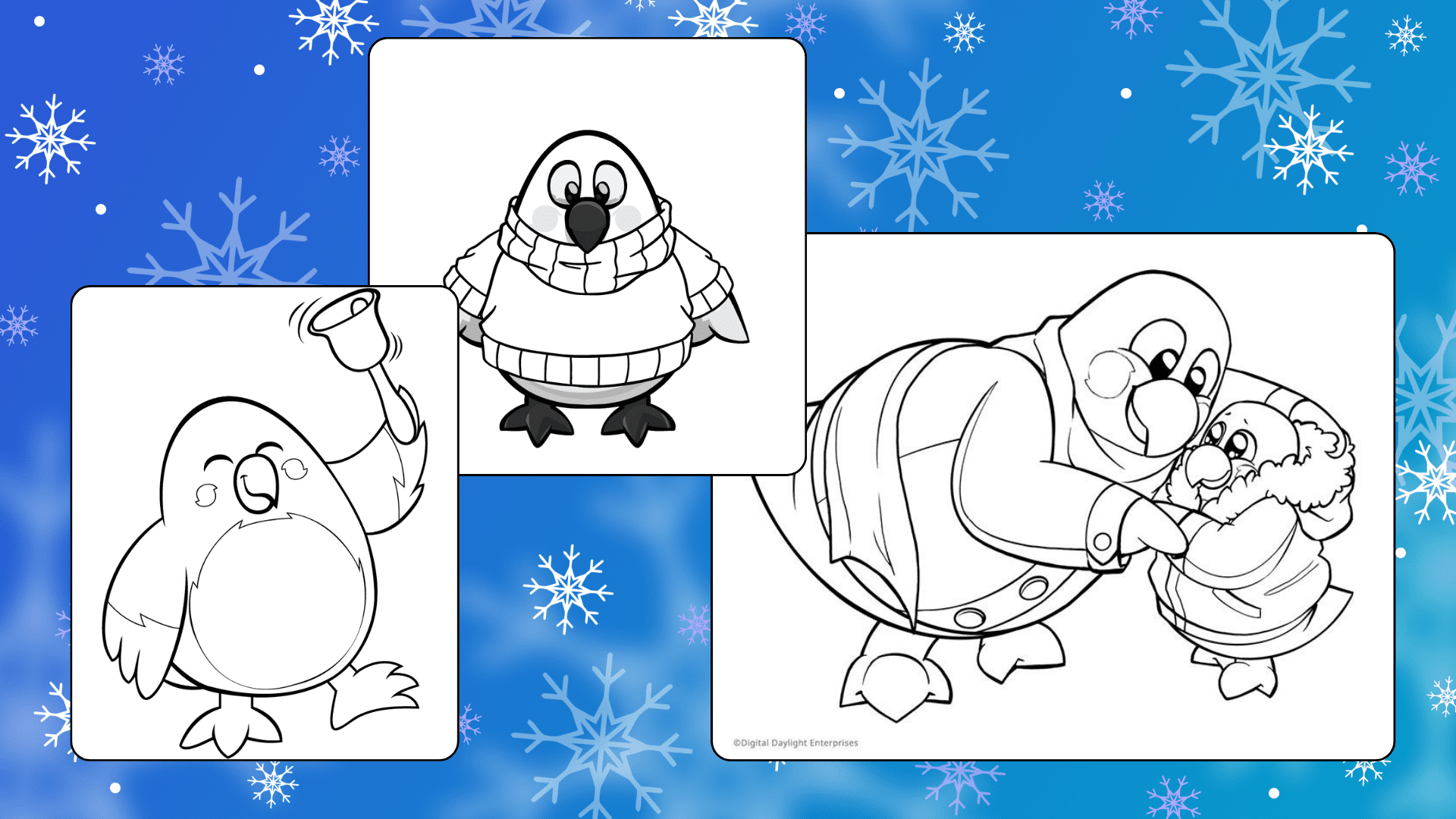 A layout of easy winter coloring pages for kids. The blue background shows white snowflake patterns.