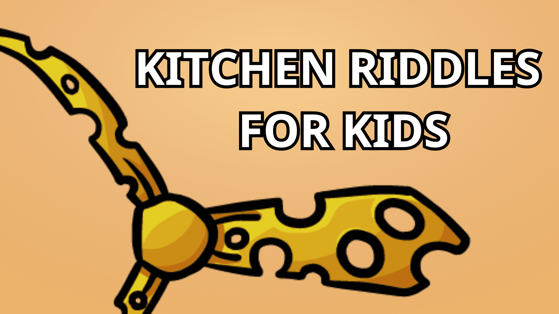 A yellow cheese tie with cheese holes. The text "Kitchen Riddles for Kids" against a peach-colored background.
