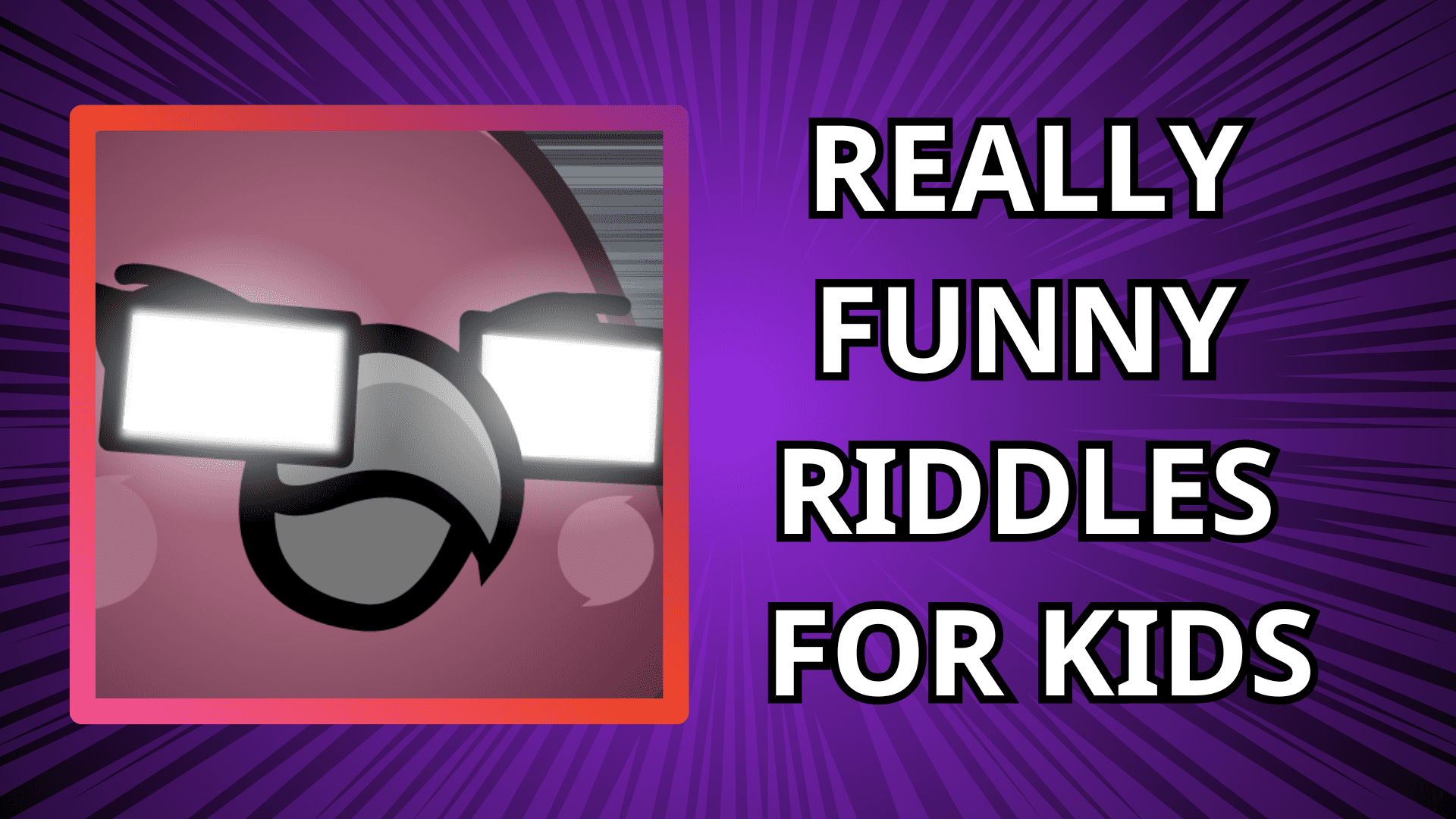 A parrot with a smirk and white glasses looking intense. The text "Really Funny Riddles for Kids" against a purple comic book background.