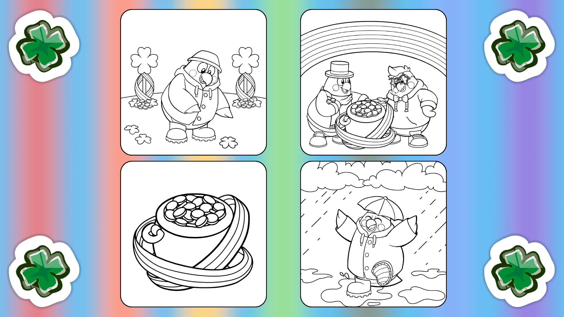 Four coloring pages of St. Patrick's Day scenes with four-leaf clovers in the corner and rainbow stripes in the background. These introduce the Free St Patricks Day coloring pages for kids.