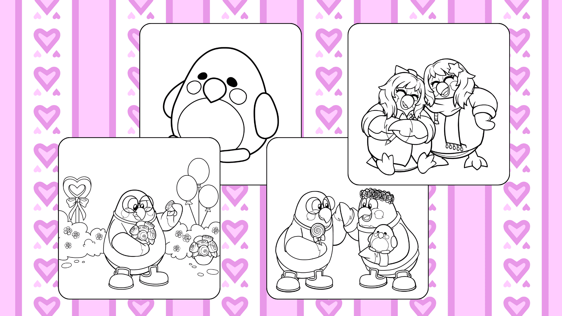 Four black-and-white Valentine coloring pages for kids printables like friends hugging and high fiving. A pink heart background.