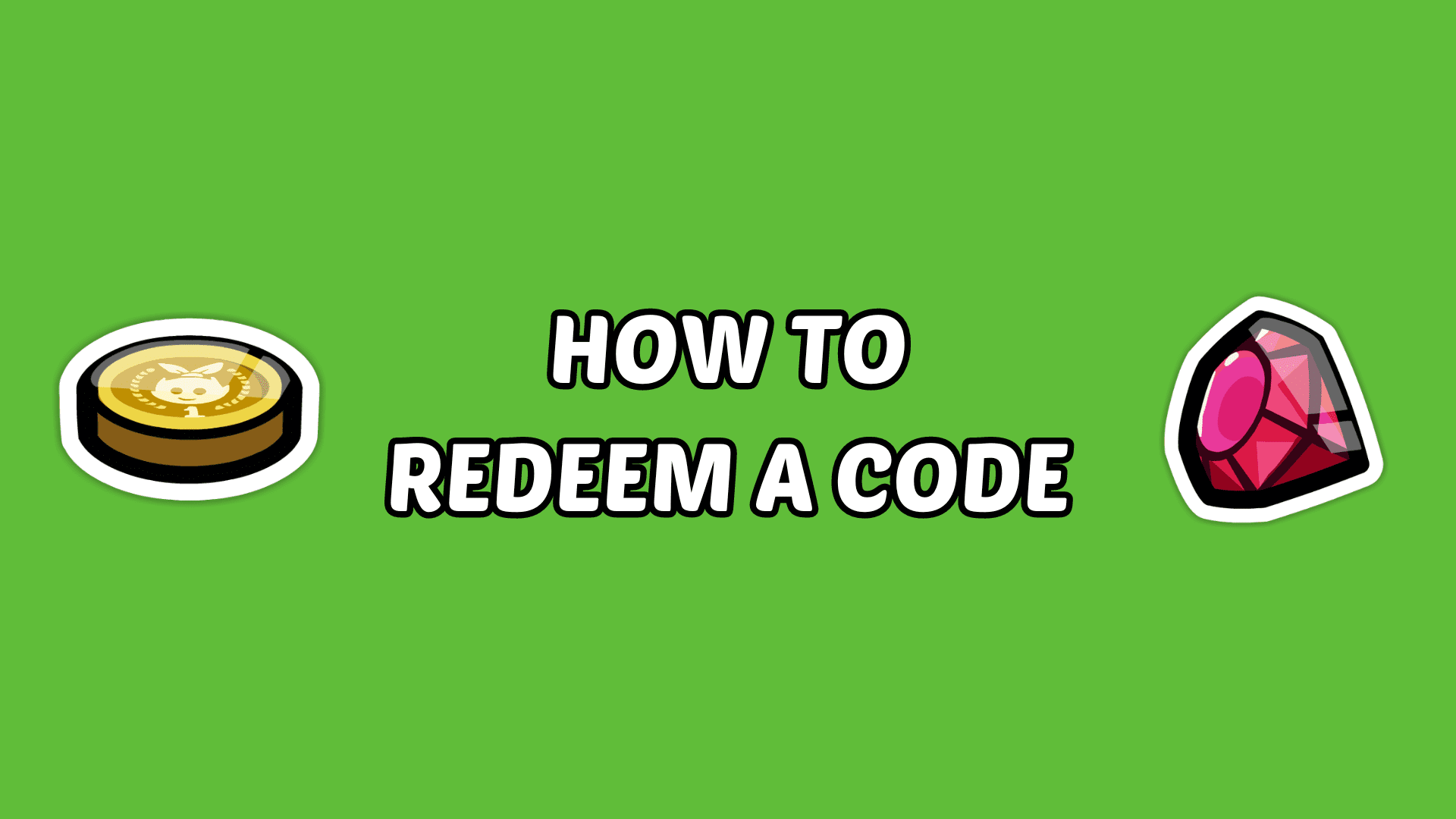 How to Redeem a Code text with icons of a yellow coin and red Ruby against a green background