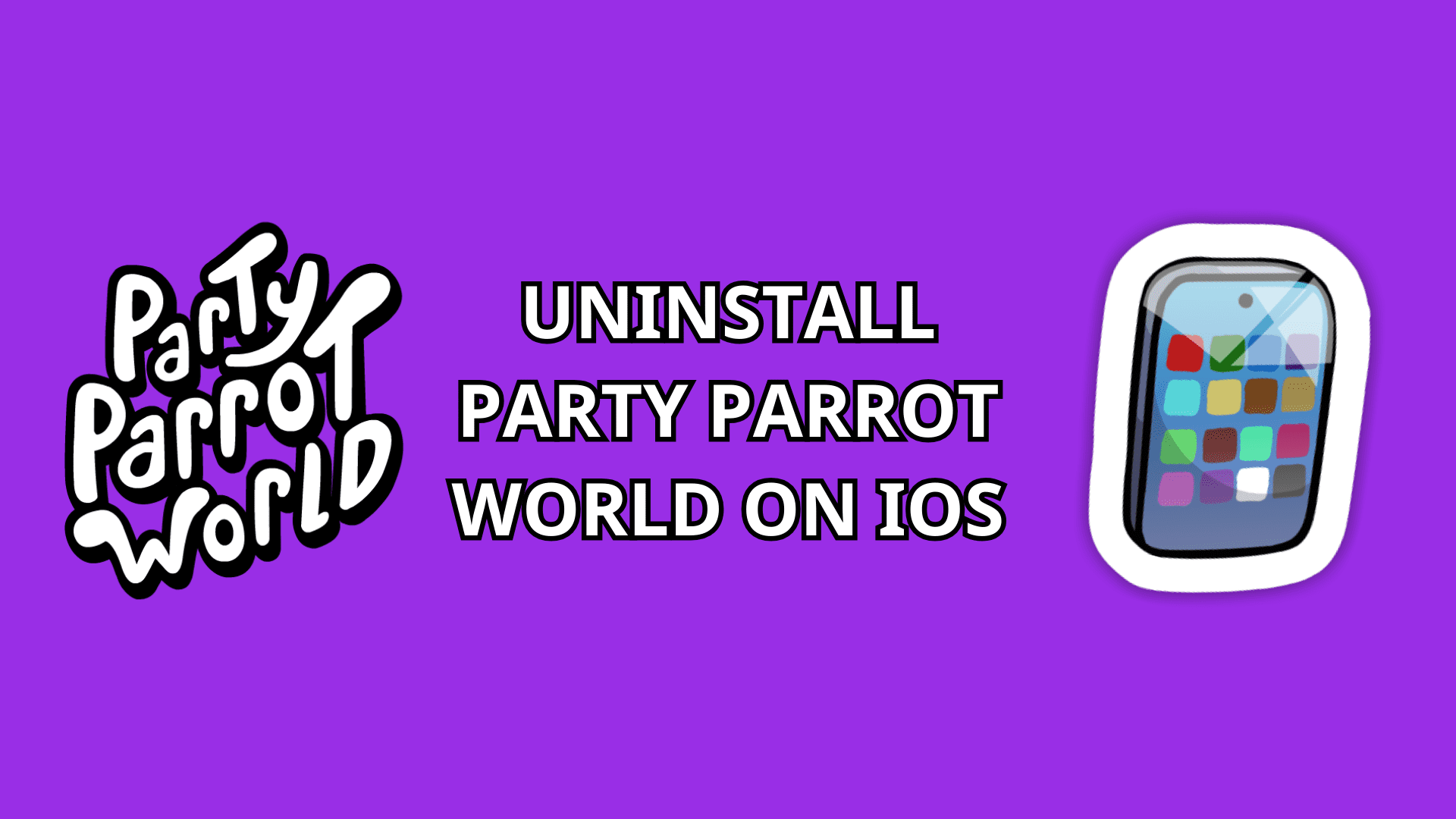Uninstall Party Parrot World on iOS text with Party Parrot World logo and silver smartphone icon