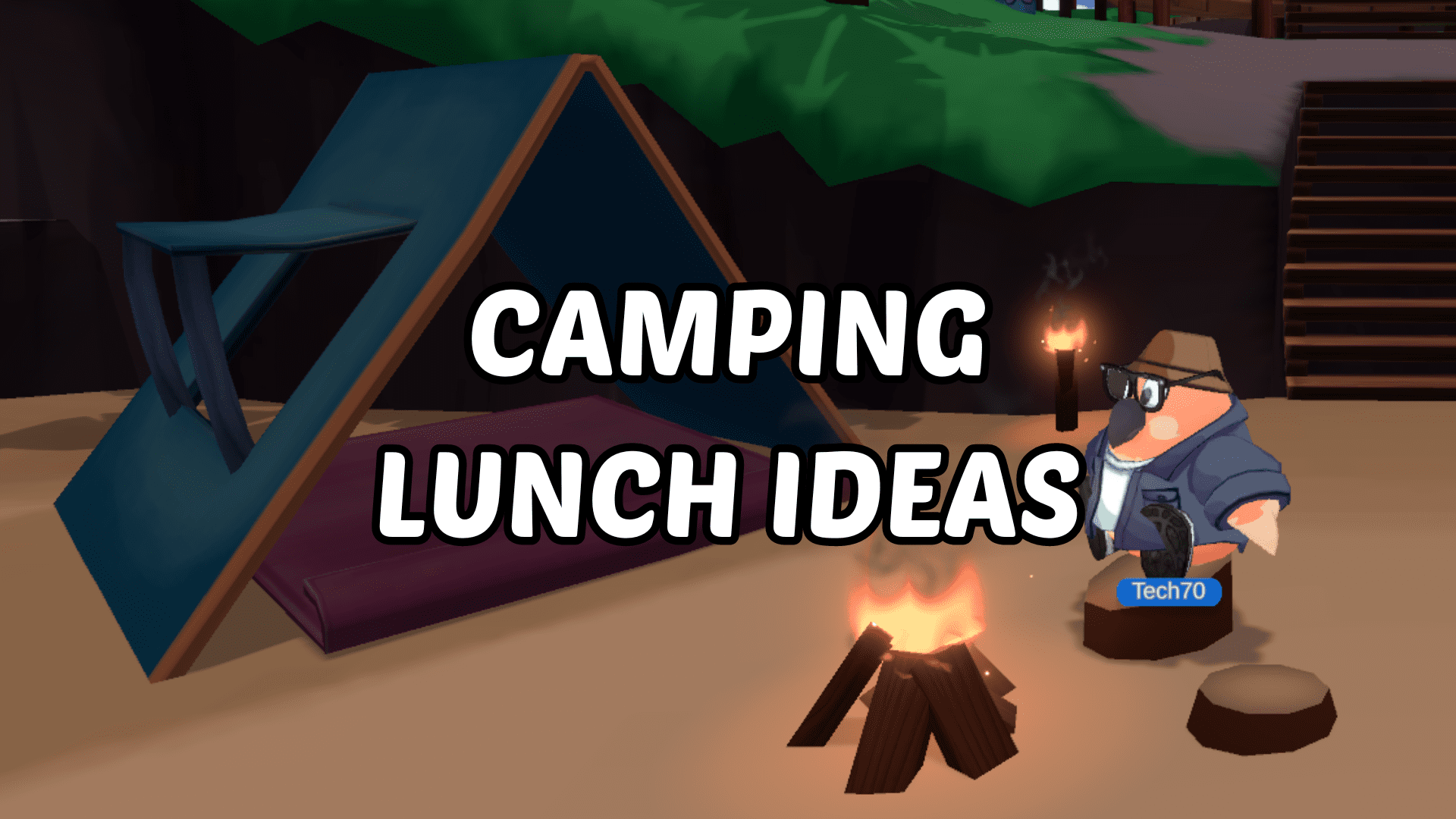 A peach parrot in a brown bucket hat and grey denim jacket sitting on a log by the campfire and tent in Party Parrot World. This introduces the camping lunch ideas for kids
